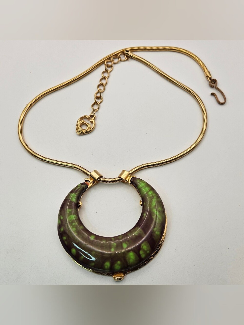 Vintage Green Enamel Pendant Necklace Statement Gold Tone Snake Chain